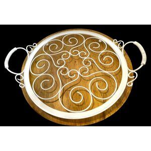 Vintage White Metal Round Serving Tray  with Scrollwork Handles & Frame
